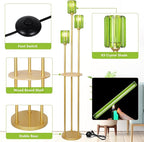 HMVPL Gold Floor Lamp for Living Room, Vintage Floor Lamp with Wood Shelf, Mid Century Standing Lamp with Table, Modern Tall Lamp with Green Crystal Shade, On/Off Switch, Boho Corner Lamp for Bedroom