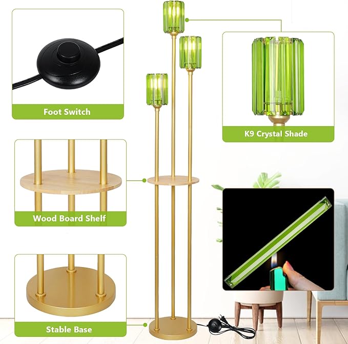 HMVPL Gold Floor Lamp for Living Room, Vintage Floor Lamp with Wood Shelf, Mid Century Standing Lamp with Table, Modern Tall Lamp with Green Crystal Shade, On/Off Switch, Boho Corner Lamp for Bedroom