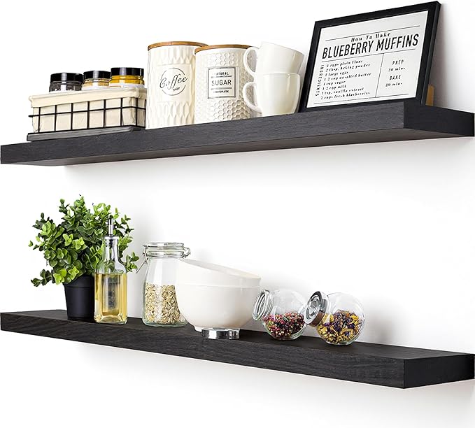 BAOBAB WORKSHOP Wood Floating Shelves for Wall 36 Inches Long - Heavy Duty Wall Shelf for Bedroom, Solid Wooden Bathroom Shelves Large 36 Inch Kitchen Farmhouse - Black Shelf, 36W × 6.7D, Set of 2