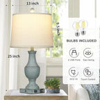 Farmhouse Table Lamps Set of 2, Rustic Touch Control Bedside Lamps with 2 USB Ports & AC Outlet, Vintage 3-Way Dimmable Nightstand Lamp Linen Fabric Shade for Living Room Bedroom End Table Decor