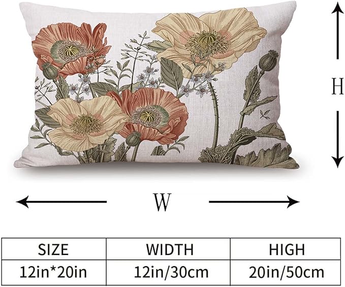 TSSOHU Vintage Flower Throw Pillow Covers 12x20 Brown Rust Colored Floral Botanical Pattern Decorative Pillows Outdoor Linen Farmhouse Cushion Case Country Pillowcase for Sofa Bed Room Decor Set of 2