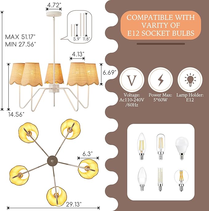 28" Rattan Chandelier, Large Modern Pendant Light Fixtures with Flower Shades White Finish for Dining Room, Kitchen Island, Foyer, Living Room 5-Light