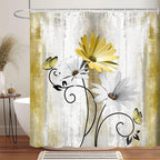 Rustic Farmhouse Shower Curtain, Farm Yellow Daisy Floral Flowers and Butterfly on Country Wooden Shower Curtain for Bathroom, Yellow Bathroom Shower Curtains with 12PCS Hooks, 70X70IN
