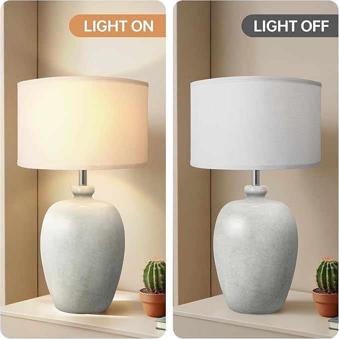 WJShome 27" Farmhouse Ceramic Table Lamp with Unique Ice Pattern Effect and White Linen Shade - Perfect for Bedroom, Living Room, Dining, and Office! (Bulb Not Included)