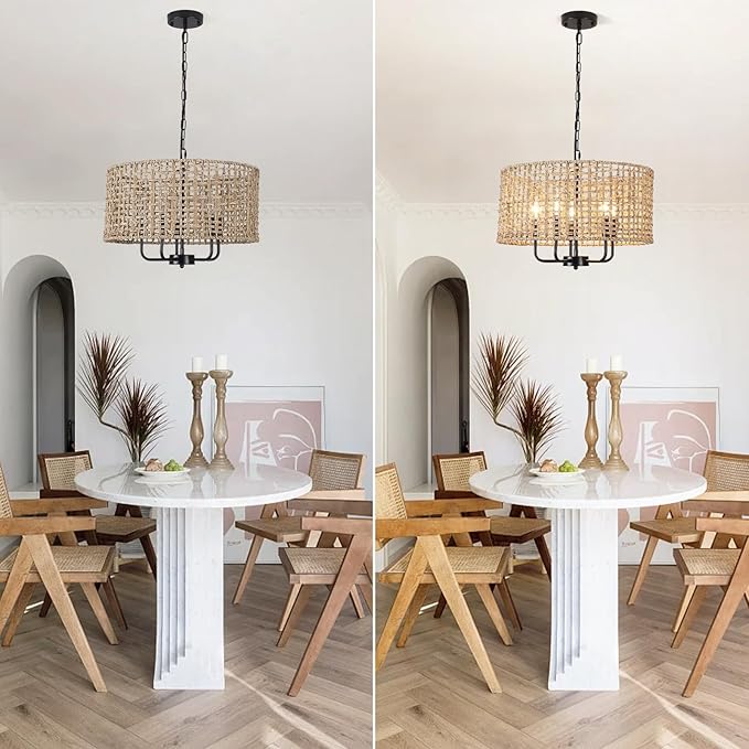 Rattan Chandelier for Dining Room 5-Light Boho Chandeliers Light Fixture Brown and Black Woven Pendant Light Farmhouse Light Fixtures for Living Room,Foyer,Kitchen Island,Coastal,Stairway,Hallway,E12