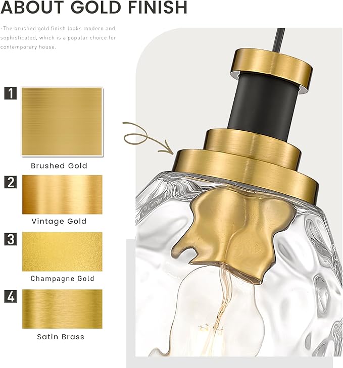 zeyu Glass Pendant Lights Kitchen Island, Kitchen Pendant Lighting Over Island with Water Ripple Glass, Modern Mini Hanging Light, Black and Gold Finish, ZG33M1L BK+BG-WG
