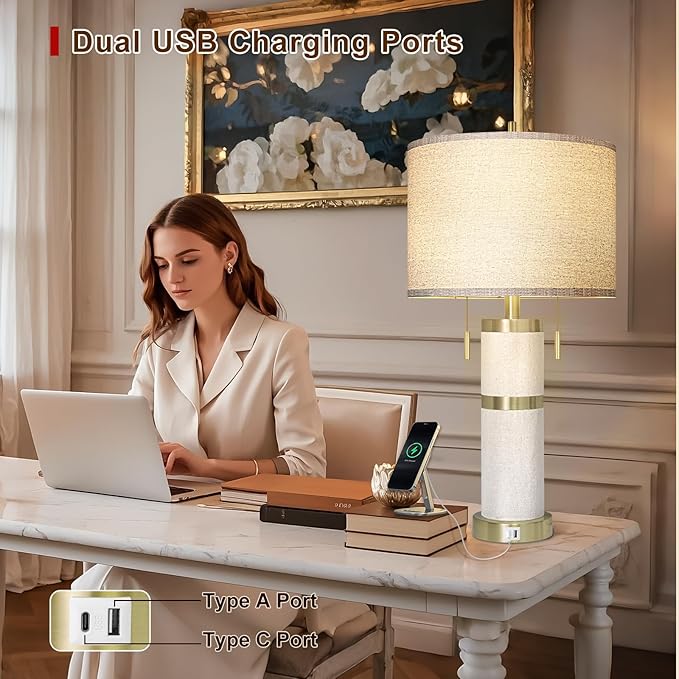 25" Linen Fabric Table Lamps Set Of 2,Lamps for Living Room With Linen Shade,S Cluster Pull Chains Dual Switch Nightstand Lamps With USB A+C Ports,Modern Lamp for Living Room,Bedroom,(Bulb Included)