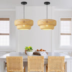 Bamboo Pendant Light, 18inch Hand-Woven Wicker Rattan Bamboo Chandelier, 2-Tier Beige Boho Rustic Island Dining Ceiling Hanging Light for Living Room, Kitchen, Farmhouse, Bedroom