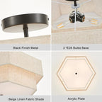 Modern Semi Flush Mount Ceiling Light 18" Modern Black Drum Ceiling Lighting Fixture with Linen Shade Vintage Ceiling Lamp for Living Room, Bedroom, Kitchen, Dining Room, Hallway, and Entryway