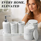 6-Piece Bathroom Accessories Set, Organizer Set with Soap Dispenser, Toothbrush Holder Set, Vanity Tray, Tumbler & 2 Cotton Swab Jars – Modern Stylish Bathroom Storage(Marble White)