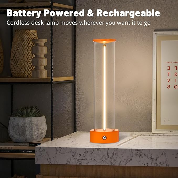 Cordless Portable LED Table Lamp, Modern Nightstand Lights with Filament Magnetic, Three-Level Dimmable Lamp for Gaming, Home Office, Bedroom, Living Room, Kitchen, Bar, Restaurant (Orange)