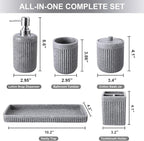 Resin Grey Bathroom Accessories Set 5 Pcs, Lotion Soap Dispenser, Toothbrush Holder, Bathroom Tumbler, Qtip Holder and Vanity Tray, Bathroom Countertop Organizer Set for Modern Home Apartment