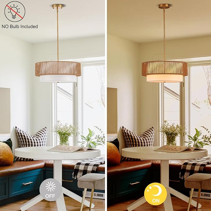 19" Bamboo Rattan Chandelier Hand-Woven Hanging Light Fixture Golden Drum Chandelier with Fabric Shade Vintage Farmhouse Bamboo Wicker Light Fixtures for Dining Room, Kitchen, Living Room