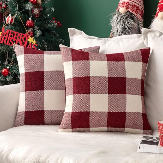 MIULEE Pack of 2 Christmas Classic Farmhouse Buffalo Check Plaids Polyester Linen Soft Solid White and Red Decorative Porch Throw Pillow Covers Home Decor Cushion Case for Sofa Bedroom 24 x 24 Inch