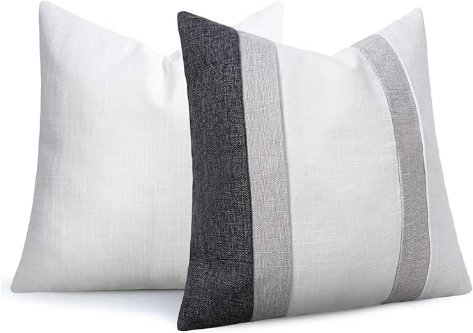 Adabana Modern Pillow Covers 18x18 Set of 2 Farmhouse Decor Patchwork Linen Cushion Covers for Living Room Couch Bed Grey and White