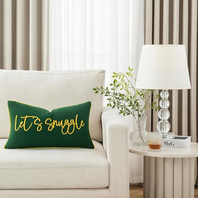 Sunkifover Let's Snuggle Decorative Lumbar Pillow Cover - 12x20 Inch Green and Gold Cotton Embroidery Throw Pillowcase for Bed, Bedroom, Living Room, Home Decor