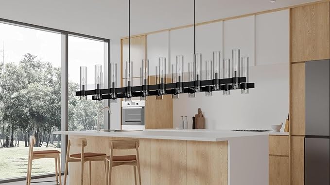 Black Linear Chandelier, 68 Inch 20-Lights Modern Kitchen Island Dining Room Over Table Light Fixture, Industrial Farmhouse Large Pendant Lighting with Glass Shade