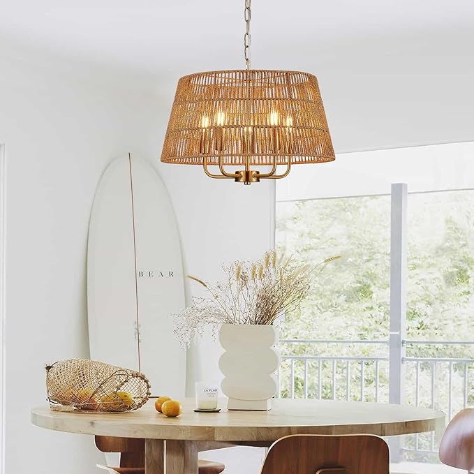 19.7" Boho Rattan Chandelier Vintage Farmhouse 5-Lights Hand-Woven Bamboo Golden Chandelier Light Fixture Retro Drum Wicker Gold Chandeliers for Dining Room, Kitchen, Living Room, E12