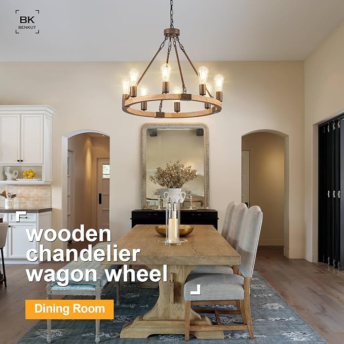 Farmhouse Wagon Wheel Chandelier 23.6" Wooden Rustic Light Fixtures 8-Light Wood Round Chandelier for Dining Room Kitchen Entryway Foyer