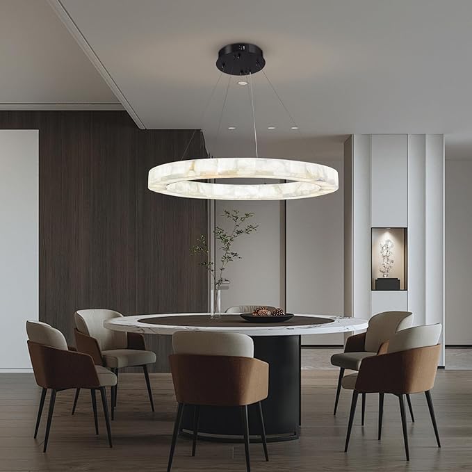 Alabaster Chandelier Spanish Natural Marble Round D30in Chandeliers, Modern Living Room Chandelier, Alabaster Pendant Light Fixture, Dimmable Chandeliers for Bedroom, Entryway, Foyer, Hallway