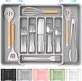 Extra Large Expandable Silverware Organizer, BPA-Free Food-Safe Cutlery Flatware Organizer, Kitchen Utensil Drawer Organizer, Adjustable Silverware Holder for Spoons Forks Knives, Gray