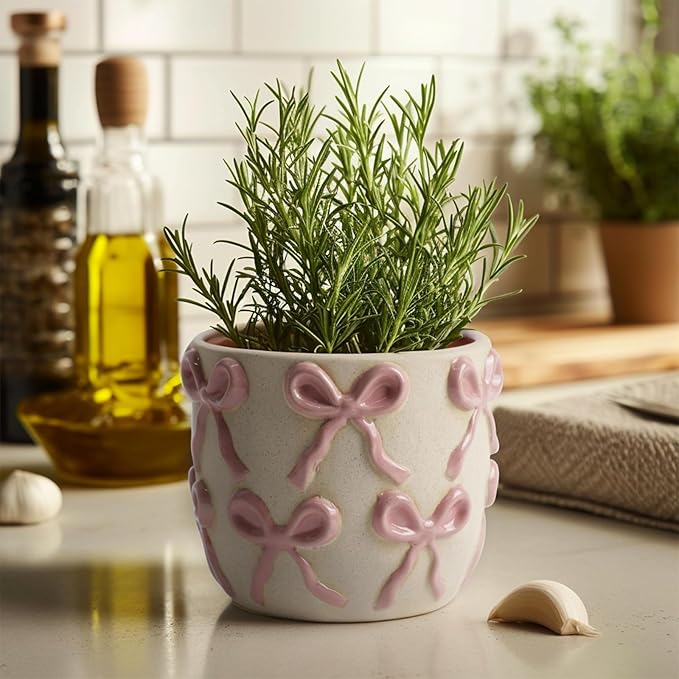 Ceramic Flower Pots for Indoor and Outdoor Plants, Succulent Orchid Round Clay and Terracotta Planter for Garden Home Modern Decoration 5.3 Inch (Pink Bow, Without Saucers)