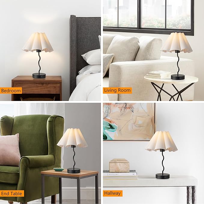 Pleated Table Lamp, Set of 2 Table Lamps for Bedroom, Bedside Lamps for Nightstand with Linen Lampshade, Modern Lamp for Bedroom Home Office Decor, Black