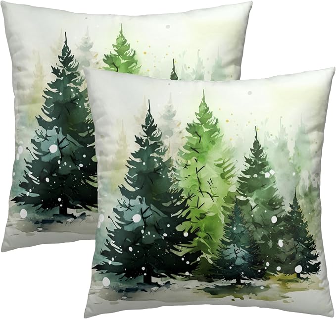 Christmas Tree Throw Pillow Covers 16x16 Set of 2, Winter Green Xmas Trees Snow Woodland Decorative Pillow Cases Cotton Cushion Cover for Couch Sofa Farmhouse Home Decor