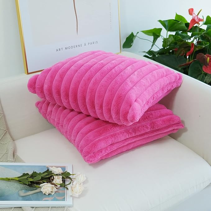 JOJUSIS Pack of 2 Faux Fur Plush Decorative Throw Pillow Covers Couch Cushion Case Soft Pillowcases (Hot Pink, 20 x 20-Inch)