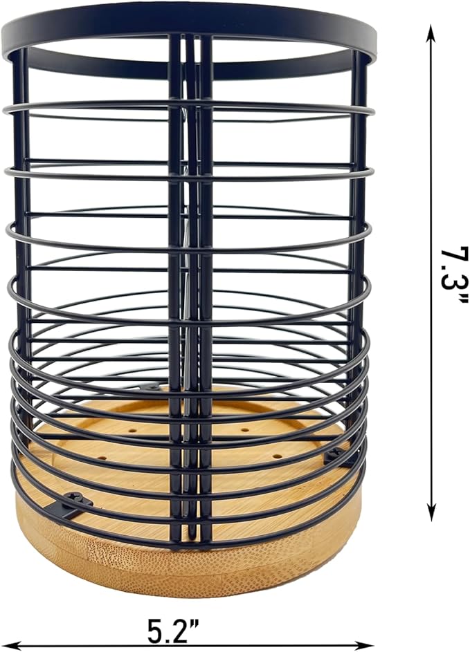 Utensil Holder with Removable Dividers, 7.2'' Large Capacity Kitchen Utensil Holder with Bamboo Base & Iron Mesh, Anti-Tip Design, 4 Partitions Utensils Holder Counter, Matte Black