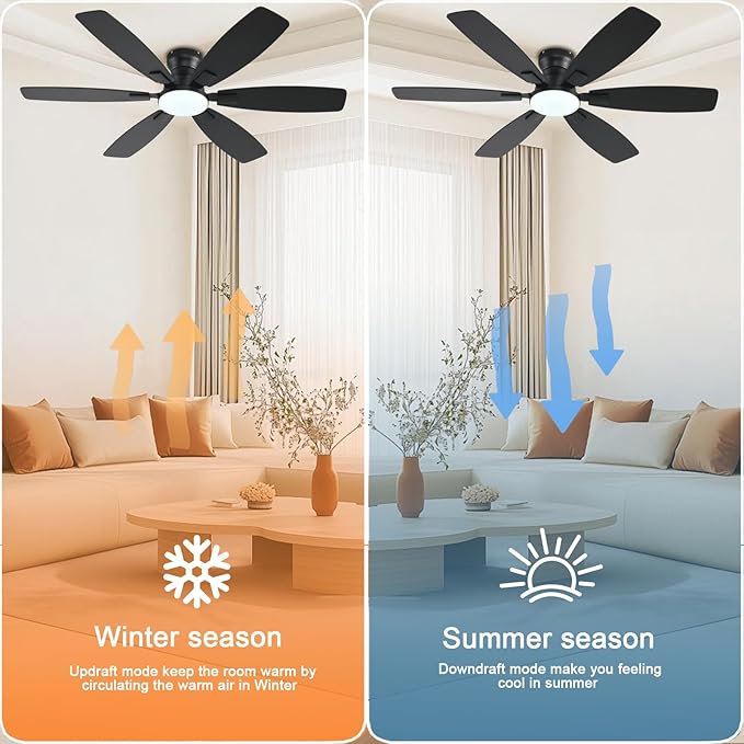 Ceiling Fans with Lights, 52 Inch Low Profile Ceiling Fan with Light and Remote Control, Flush Mount, Reversible, 3CCT, Dimmable, Quiet, Black Ceiling Fan for Bedroom Indoor/Outdoor Use