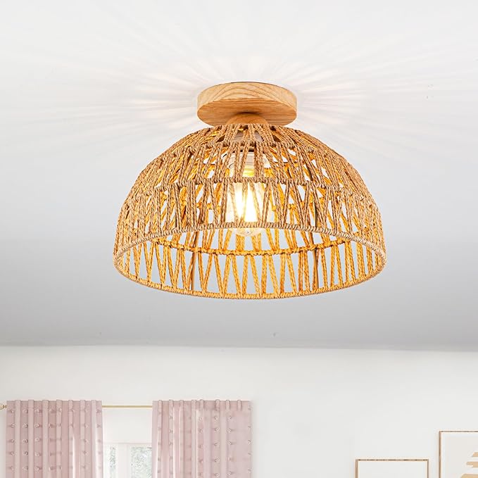 Boho Light Fixtures Ceiling Rattan Lights Boho Chandelier Flush Mount Ceiling Light Wooden Canopy Woven Lamp Shade Small Chandelier for Hallway Foyer Entrance Bedroom Kitchen Nursery Lighting Fixture