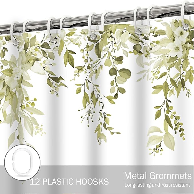 Eucalyptus Shower Curtain, Beige Watercolor Leaves with Floral Botanical Bathroom Decor, Waterproof Fabric Bath Curtain Set with Hooks, 72x84 Inches