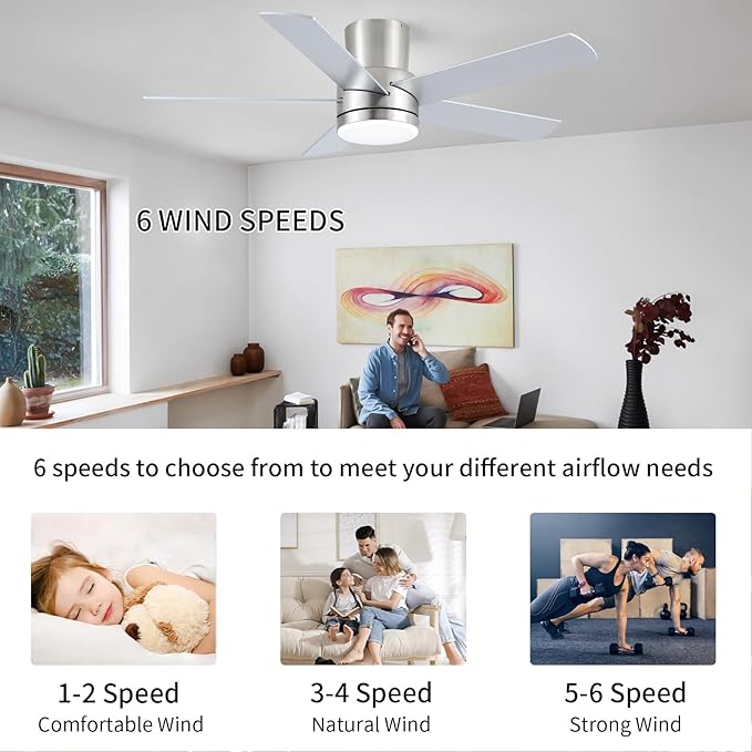 YUHAO 44 Inch Flush Mount Brushed Nickel Ceiling Fan with Light and Remote Control.Noiseless,Dimmable,3CCT,6 Speeds Reversible, Low Profile DC Ceiling Fans for Indoor Use