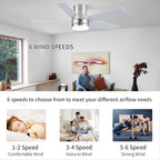 YUHAO 44 Inch Flush Mount Brushed Nickel Ceiling Fan with Light and Remote Control.Noiseless,Dimmable,3CCT,6 Speeds Reversible, Low Profile DC Ceiling Fans for Indoor Use