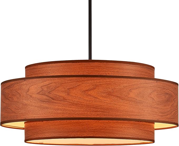 Farmhouse 23.6" Large Drum Wooden Chandelier Vintage 6-Lights Chandelier with Wooden Finish Linen Shade Modern Retro Drum Chandeliers for Dining Room, Kitchen Island, Living Room, Bedroom