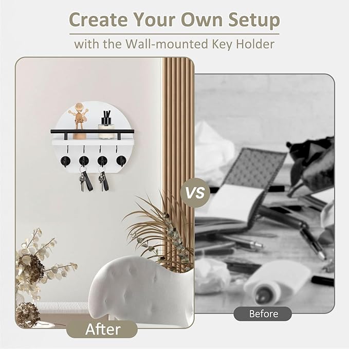 Nekon Key Holder for Wall - 9.8 Inch Apartment Wall Decor with Shelf and 8 Key Hooks, Circular Wood Key Hanger for Home Decor (White)