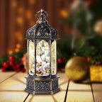 Christmas Snow Globes with Music,6H Timer Cylindrical Flashing Snow Ball,Bronze Musical Box Including 8 Songs,Glitter Snowflakes Lantern with Christmas Tree Xmas Snow Mountain Decor Gift