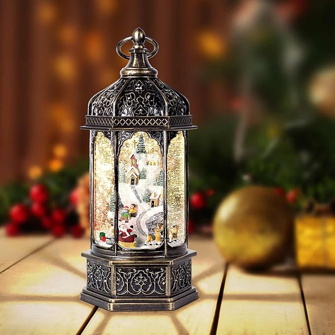 Christmas Snow Globes with Music,6H Timer Cylindrical Flashing Snow Ball,Bronze Musical Box Including 8 Songs,Glitter Snowflakes Lantern with Christmas Tree Xmas Snow Mountain Decor Gift