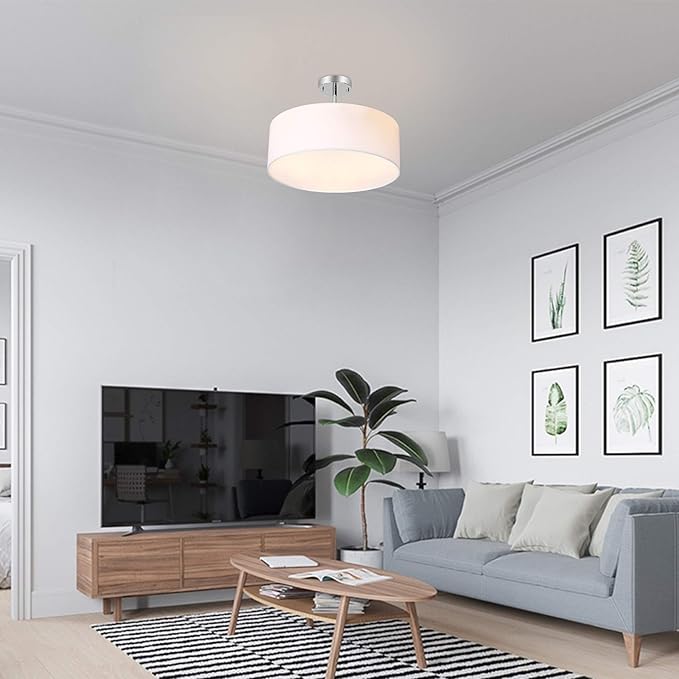 SomSom Ceiling Light, Semi-Flush Mount Modern Fabric Pendant Light Shade, Large White Drum Lampshade, Round Pendant Lamp, Lamps for bedrooms, Flush Chrome Matt, 3 Bulbs