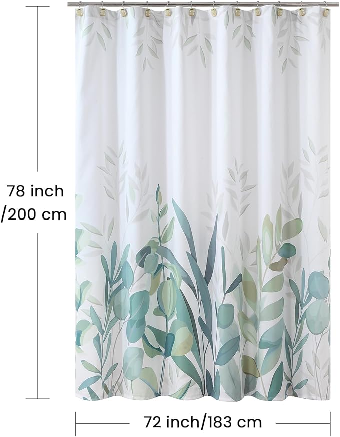Fabric Shower Curtain 78 Inches Long, Sage Green Plant Botanical Eucalyptus Leaves Print Shower Curtains for Bathroom, 72" W x 78" H