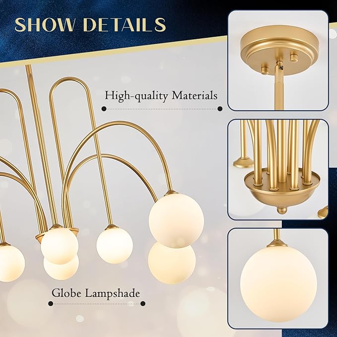 Modern Gold Sputnik Chandelier 8 Lights Large Luxury L41” Mid Century Milk Glass Globe Ceiling Pendant Light Contemporary for Foyer Staircase Living Dining Room Kitchen