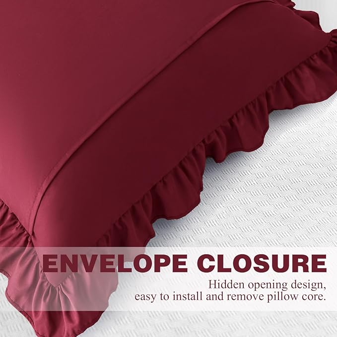 KKJIAF Ruffle Pillow Cases 24x24 Inches, Burgundy Square Ruffled Pillow Covers Set of 2, Microfiber Wrinkle Resistant Pillow Shams with Envelope Closure for Sofa Bed Living Room