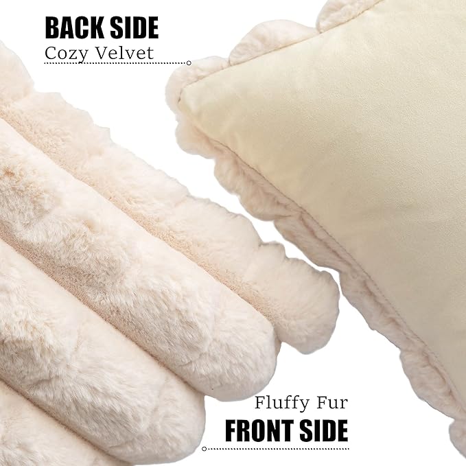 Neelvin Beige Faux Fur Cozy Soft Plaid Decorative Throw Pillow Covers 22x22 inch Set of 2,Velvet Pillowcase Cushion Case for Sofa Couch