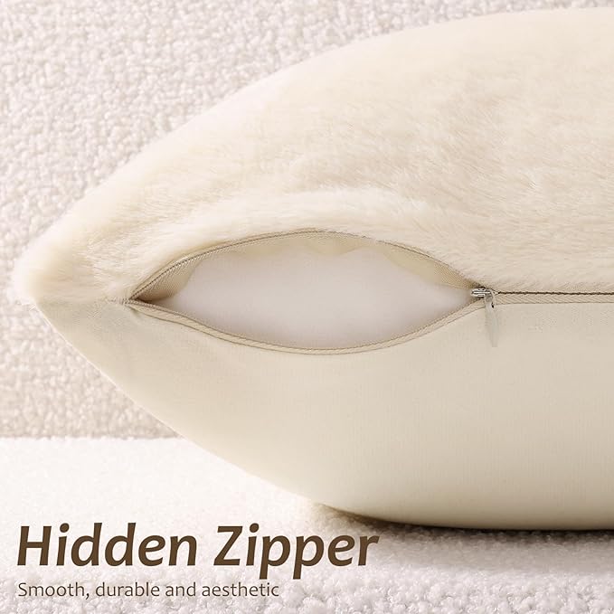 Pallene Faux Fur Plush Throw Pillow Covers 24x24 Set of 2, Soft Fluffy Couch Pillow Covers for Living Room, Beige