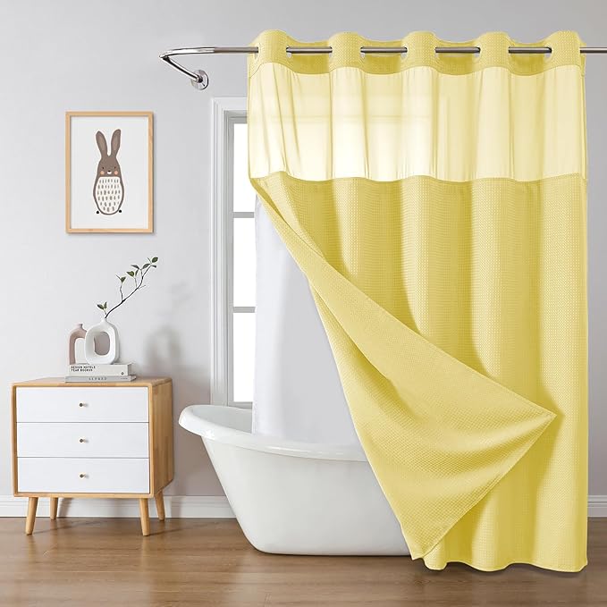 Yellow No Hook Waffle Weave Shower Curtain with snap-in Liner Replacement, 230GSM Waterproof Fabric Hotel Shower Curtain Set for Bathroom, Through Mesh Top Window,71Wx77H