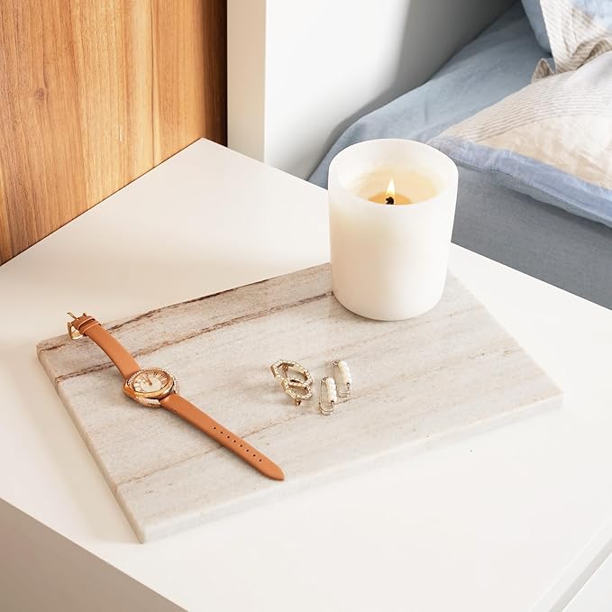Natural Marble Cutting Boards for Kitchen - 12" x 8" Multi-Purpose Pastry Marble Tray Cheese Board Marble Slab for Counter, Bathroom Perfume Tray Jewelry Candle Plate (Crystal White Wooden)