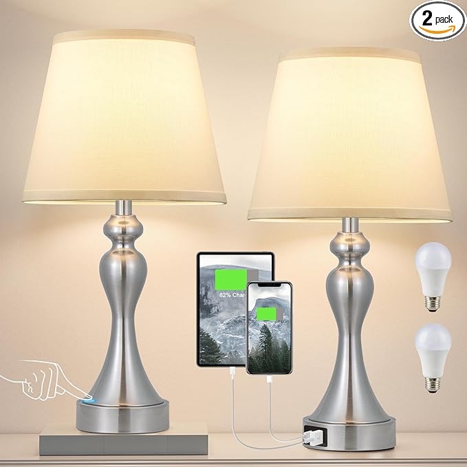 Seealle Touch Lamps for Night Stands - Bedside Lamps Set of 2, 3 Way Dimmable, USB C+A for Bedroom & End Tables (White&Nickel)