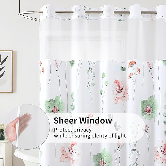QiyI Flower Shower Curtain with Snap in Liner, Sage Green and Pink Watercolor Floral Cloth Bath Curtains, No Hook Shower Curtains with Mesh Top Window, Waterproof Bathroom Curtain Set, 72 x 75 Inch