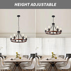 6-Light Farmhose Chandelier for Dining Room Light Fixture Faux Wood Kitchen Pendant Light Round Rustic Ceiling Hanging Lighting with Glass Globes Adjustable Height Metal E26